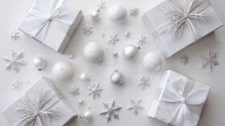 Christmas composition. White gift box, silver balls and snowflakes on white background. Flat lay,...