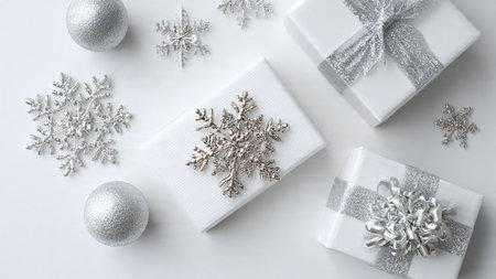 Christmas composition. White gift boxes, silver snowflakes on white background. Flat lay, top view,...