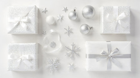 Christmas composition. White gift boxes, Christmas balls, snowflakes on white background. Flat lay,...