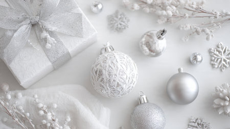 Christmas composition. White gift box, silver christmas balls on white background. Flat lay, top...