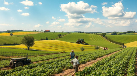 Peanut field and tractor on the background. Agricultural landscape in Poland.