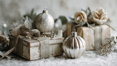 Christmas decoration with gift boxes and baubles on rustic background