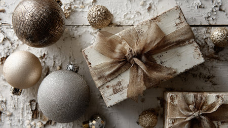 Christmas gift boxes and baubles on rustic white wooden background