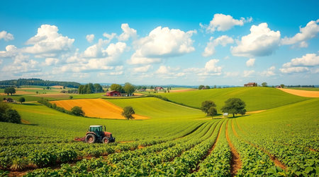 Agricultural landscape with tractor in the middle of the field.の写真素材