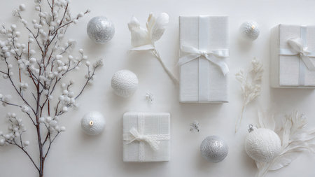 Christmas or New Year flat lay composition. White gift boxes, silver balls, white flowers and branches on white background. Top view, copy spaceの写真素材