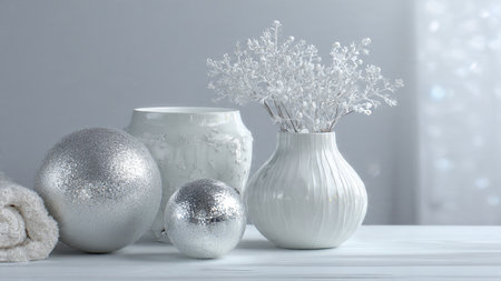 Beautiful Christmas decorations on white wooden table, closeup. Space for textの写真素材