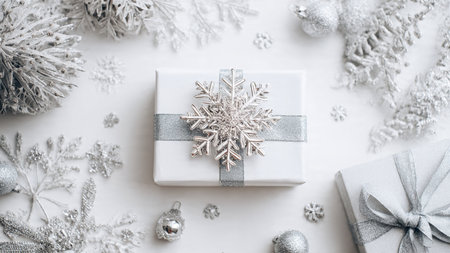 White gift box with silver snowflake on white background with Christmas ornamentsの写真素材