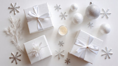 Christmas composition. Gifts, christmas balls, snowflakes on white background. Flat lay, top view, copy spaceの写真素材