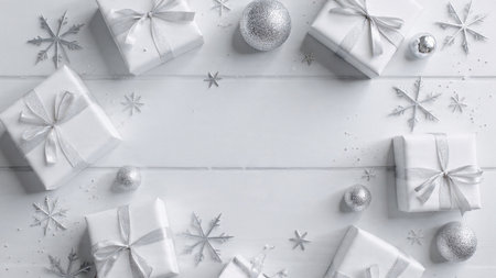 Christmas background. White gift boxes with silver snowflakes on white wooden background. Flat lay, top view, copy spaceの写真素材