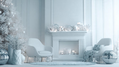 Christmas living room with fireplace, armchair and Christmas tree. 3D rendering.の写真素材