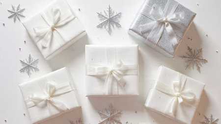 Christmas or New Year background with gift boxes and snowflakes on white