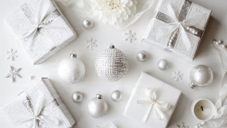 Christmas composition. White christmas decorations, gift boxes, balls on white background. Flat lay, top view, copy spaceの写真素材