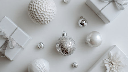 Christmas composition. Gifts, christmas balls on white background. Flat lay, top view, copy spaceの写真素材
