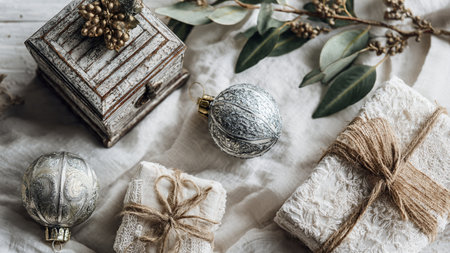 Christmas or New Year composition. Composition with fir branches, silver baubles, eucalyptus leaves on white wooden background. Flat lay, top view, copy spaceの写真素材