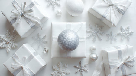 Christmas composition. White gift boxes, christmas balls on white background. Flat lay, top view, copy spaceの写真素材