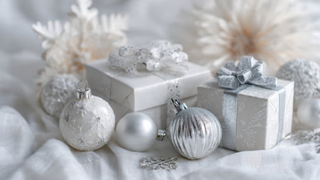 Christmas background with white gift box, silver balls and snowflakesの写真素材