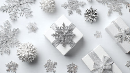 White gift boxes and silver snowflakes on a white background.の写真素材