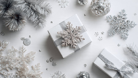 Christmas composition. White gift box, silver snowflakes on white background. Flat lay, top view, copy spaceの写真素材