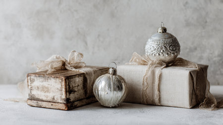 Vintage christmas gift boxes and silver ball on rustic backgroundの写真素材