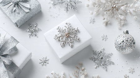 Christmas composition. White gift box, silver snowflakes on white background. Flat lay, top view, copy spaceの写真素材