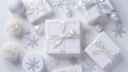 Christmas composition. White gift boxes, white snowflakes on white background. Flat lay, top view, copy spaceの写真素材