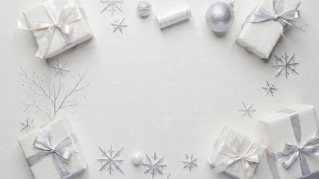Christmas background. White gift boxes, silver balls, snowflakes on white background. Flat lay, top view, copy spaceの写真素材