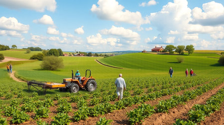 Tractor spraying pesticides on potato field in South Moravia, Czech Republicの写真素材