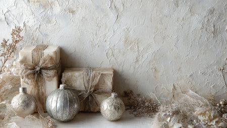 Christmas or New Year composition. Gifts, balls and decorations on a light background.の写真素材