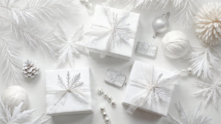 Christmas composition. White gift boxes, christmas decorations on white background. Flat lay, top view, copy spaceの写真素材