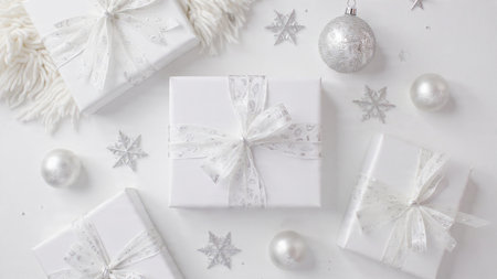 Christmas composition. White gift boxes, silver balls, snowflakes on white background. Flat lay, top view, copy spaceの写真素材
