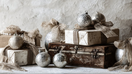 Vintage christmas gifts and ornaments on a rustic backgroundの写真素材