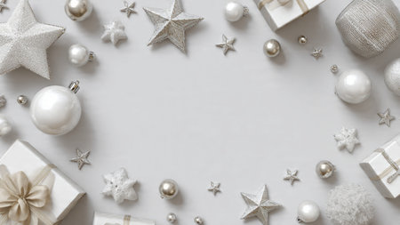 Christmas composition. White gift boxes, silver decorations on white background. Flat lay, top view, copy spaceの写真素材