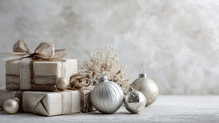 Christmas still life with gift boxes and decorative balls on a gray backgroundの写真素材