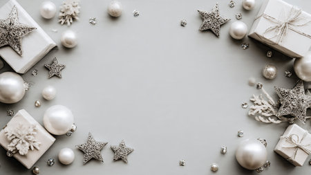 Christmas background. Festive decoration on gray background. Flat lay, top view, copy space.の写真素材