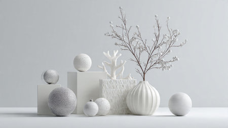 3d render, white vase with tree branches and balls on a white backgroundの写真素材