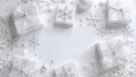 Christmas and New Year background. White gift boxes, white snowflakes on a white background.の写真素材