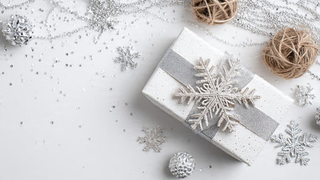 Christmas composition. Gifts, christmas decorations on white background. Flat lay, top view, copy spaceの写真素材