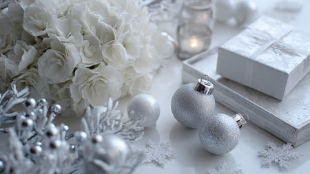 Christmas decoration with white and silver balls, snowflakes and candlesの写真素材