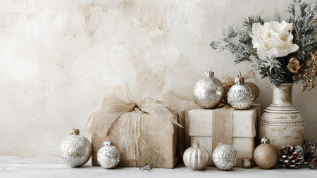 Christmas or New Year background with decorations and gift boxes, copy spaceの写真素材