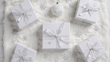 White gift boxes with silver bows and snowflakes on a white fur backgroundの写真素材