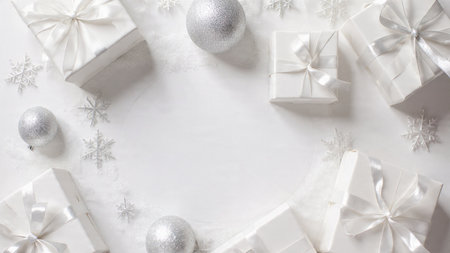 Christmas background. White gift boxes and Christmas decorations on white marble table. Flat lay, top view, copy spaceの写真素材