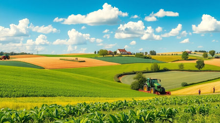 Agricultural landscape with tractor in the middle of the green fieldの写真素材