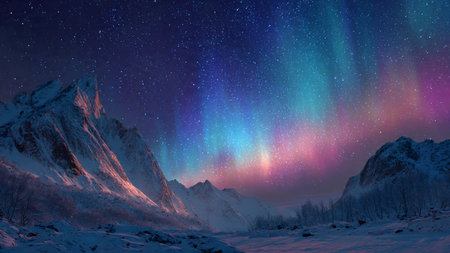 Aurora borealis in the night sky over snowy mountains.の写真素材