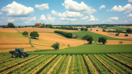 Agricultural landscape with tractor and green field. Tractor in the field.の写真素材