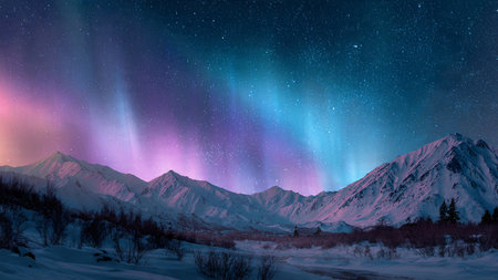 Aurora borealis in the night sky over snowy mountains.