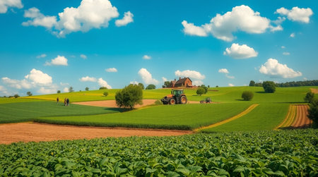 Agricultural landscape with tractor and sunflower field in Bavaria, Germany