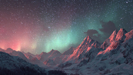 Aurora borealis in the night sky with stars in the mountainsの写真素材