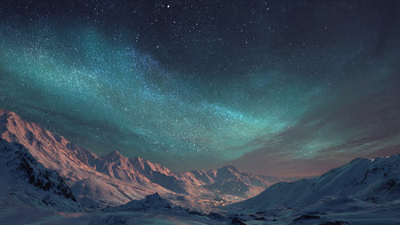 Milky way over snowy mountains. 3D Rendering Elements of this image furnished by NASA