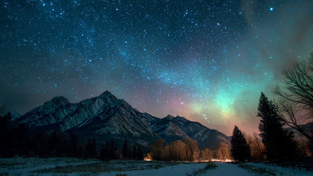 Milky Way over the mountains in winter, with starry sky
