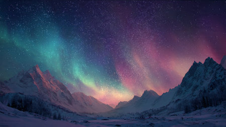 Milky Way over the mountains. Winter landscape with starry sky.の写真素材